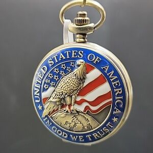 Invicta 49008 Gold Tone Pocket Watch Red White Blue American Flag Eagle Enamel